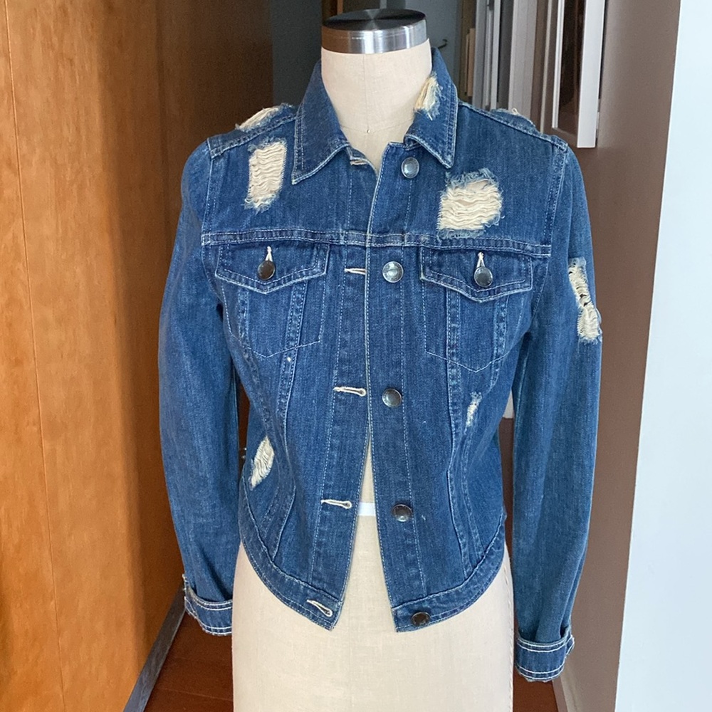 Rachel Roy Distressed Denim Jacket in very good condition. No stains or tears.